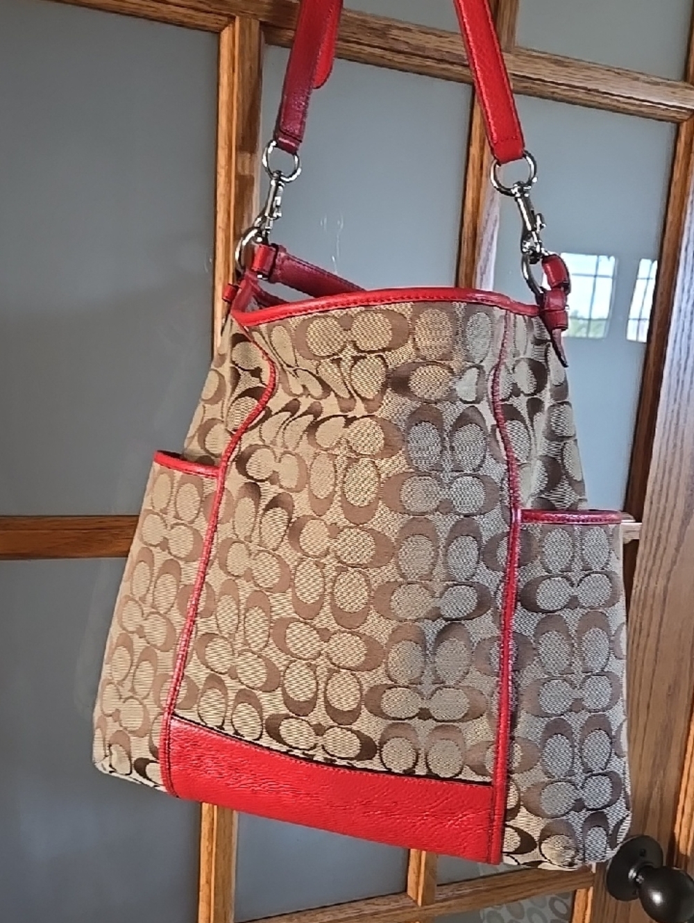 Coach F30341 Park Colorblock Leather Hobo Crossbody Bag Purse Red Orange Tan - Picture 7 of 15